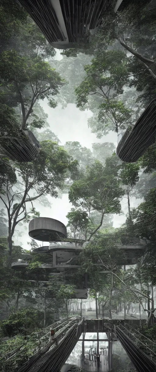 Image similar to architecture inspired by le corbusier in the rainforest. nature is taking over. upside down. metabolism. matte painting. octane render. hdr. volumetric lighting. global illumination. atmospheric. monochrome.