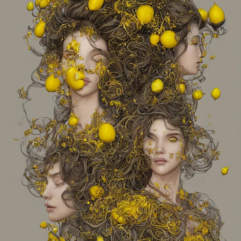 Image similar to the portrait of a sensual lemon personified as an absurdly beautiful, graceful, elegant, sophisticated, young woman made up of lemons, an ultrafine hyperdetailed illustration by kim jung gi, irakli nadar, intricate linework, bright colors, octopath traveler, final fantasy, unreal engine 5 highly rendered, global illumination, radiant light, detailed and intricate environment