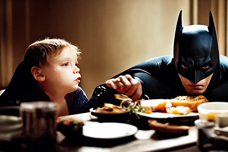 Image similar to portrait of Batman eating breakfast By Emmanuel Lubezki