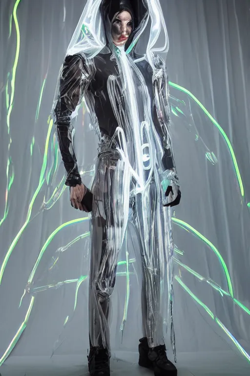Image similar to full-body baroque and cyberpunk style neon statue of a attractive muscular translucent Joe Jonas as a humanoid deity wearing a thin see-through plastic hooded cloak sim roupa, posing like a superhero, glowing white face, crown of white lasers, large diamonds, swirling white silk fabric. futuristic elements. oozing glowing liquid, full-length view. space robots. human skulls. throne made of bones, intricate artwork by caravaggio. Trending on artstation, octane render, cinematic lighting from the right, hyper realism, octane render, 8k, depth of field, 3D