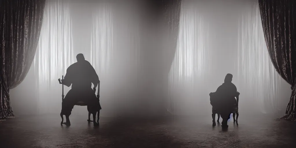Image similar to photo style of nick fancher, portrait of silhouette of big black man sitting on throne, hazy foggy background and floor made of big curtains