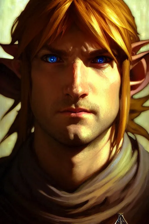 Image similar to hyperrealist portrait of link from the legend of zelda. by jeremy mann and alphonse mucha, fantasy art, photo realistic, dynamic lighting, artstation, poster, volumetric lighting, very detailed faces, 4 k, award winning