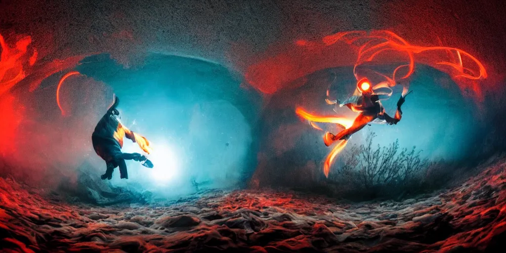 Image similar to underwater fisheye slow motion with trail fire effect of futuristic break dancer wearing long dark cloak and golden helmet emitting magic dust and fire, long exposure shot , enigmatic, at night underwater in the middle of the arctic with red light A letter, paddle of water, steam, fog, water splashes, rim lights, glossy reflections, water droplets on lens, octane render, Volumetric dynamic lighting, stunning cover magazine, high details, hajime sorayama