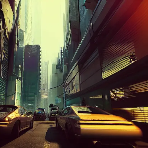 Image similar to cyberpunk cityscape like tokyo newyork street with tall buildings at dusk golden hour cinematic lighting, epic composition. A golden daylight, hyper-realistic environment. Hyper and intricate detail, photo-realistic. Cinematic and volumetric light. Epic concept art. Octane render and Unreal Engine, trending on artstation-H 768