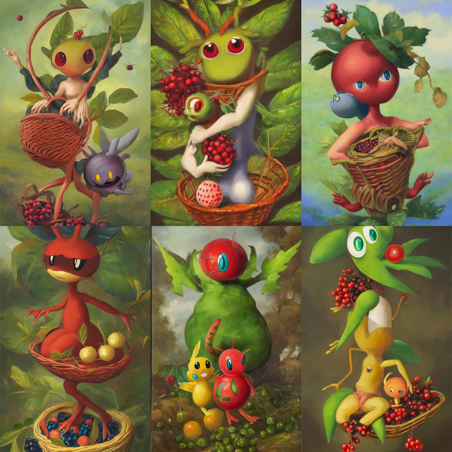 Prompt: oil painting of an anthropomorphic leavanny holding a sewaddle bug-type pokemon with red eyes and leaves on their arms holding a basket of berries