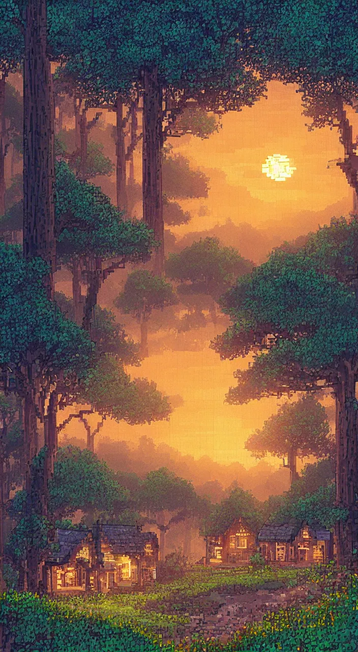 Prompt: a dreamy sunset in the big forest with houses in pixelart style, highly detailed, illustration