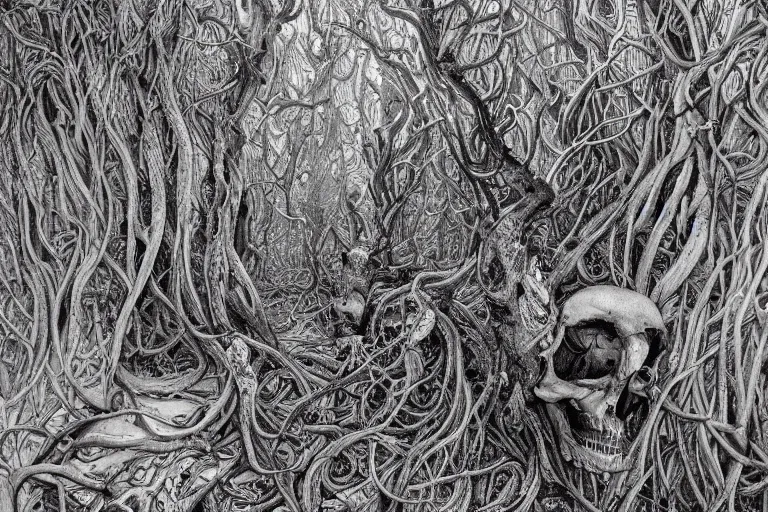 Image similar to an eerie insanely detailed forest of the soul, ambiguous, symbolic, eyes of strange creatures hiding in the dark, skulls and bones of animals, snakes and vines and cobwebs and old trees, a glimpse of hope, ink and ballpoint, inspired by claire scully and evan cagle and simon prades