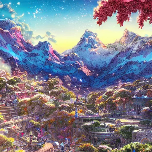 Image similar to the aesthetic view of the beautiful, grand, wistful, dreamy snowcapped mountain at dusk, hyperrealistic anime illustration by iralki nadar, colorful, extremely detailed, intricate linework, super sharp focus, bright colors, octopath traveler, studio ghibli, unreal engine 5 highly rendered, global illumination, radiant light, detailed and intricate environment