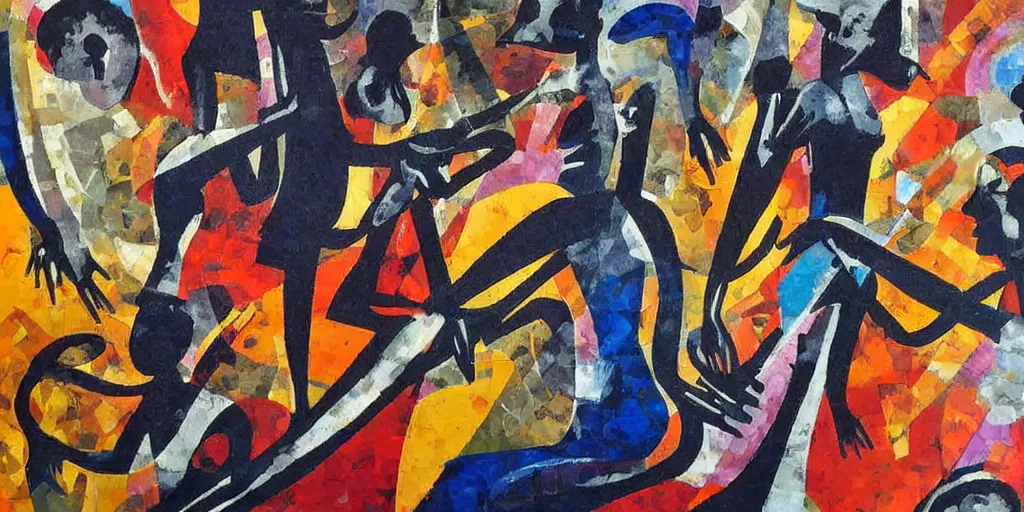 Prompt: jazzmen's, collage, smooth acrylic on canvas, expressionism movement, breathtaking detailed, by blake neubert