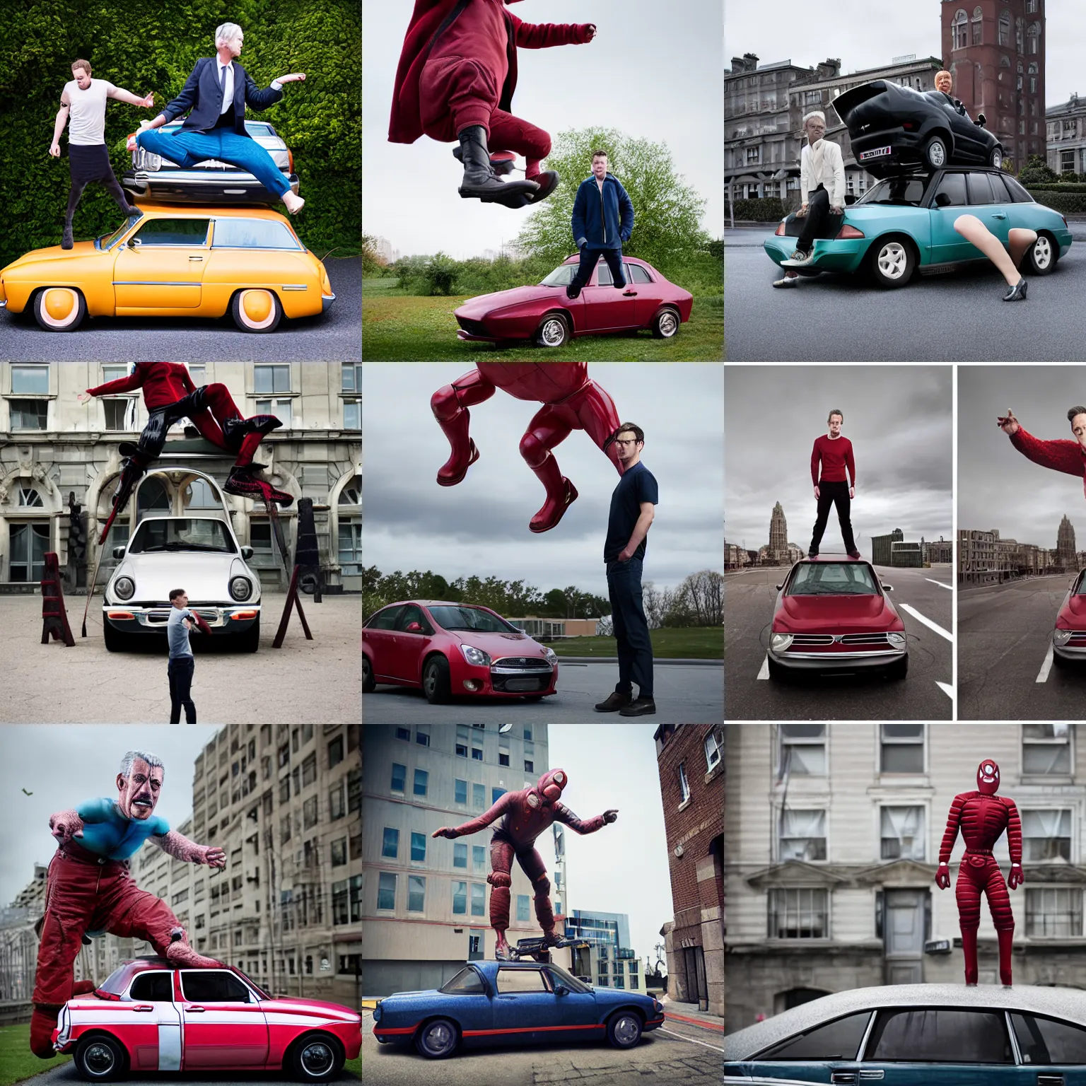 Prompt: Giant Scott Lang steps on a car, photography by Julia Fullerton-Batten