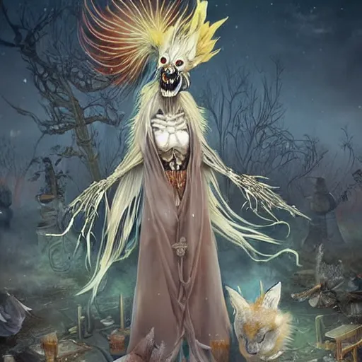 Prompt: art by yuji ikehata of a foxfolk character with a skeletal mouth and a along albino peacock tail wearing long intricate mage robes and casting a powerful spell for necromancy at night in a graveyard nongraphic, screenshot, anime, vhs, halloween decorations, spirits, realistic