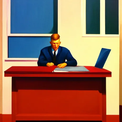 Image similar to painting of a lonely man, sitting at his desk in an empty, huge office, in the style of edward hopper