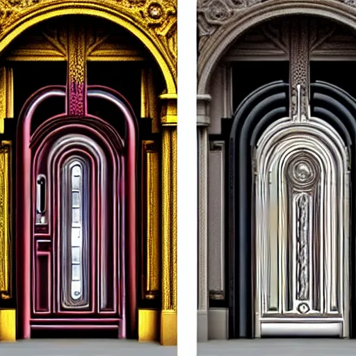 Prompt: hyper realistic ornate sci - fi side by side door