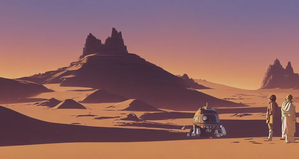 Prompt: beautiful wide shot tatooine landscape, obi wan kenobi and Luke skywalker in land-speeder, Star Wars a new hope 1977, studio ghibli, Miyazaki, Greg rutkowski, Alphonse mucha, Moebius , animation, golden hour, highly detailed, hdr, vivid color, 70mm