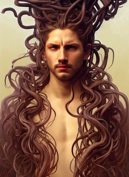 Image similar to male medusa, highly detailed, digital painting, artstation, concept art, smooth, sharp focus, illustration, art by artgerm and greg rutkowski and alphonse mucha