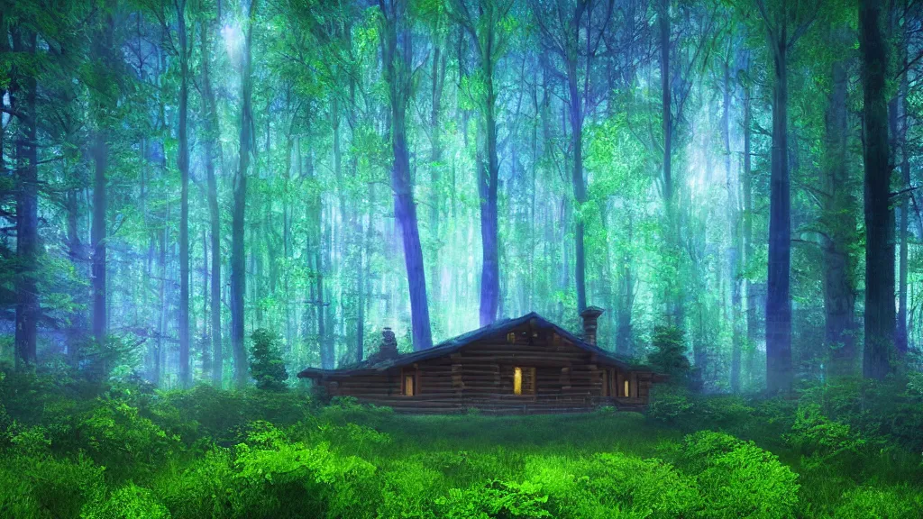 Prompt: portrait of an ethereal evergreen forest made of green and purple light, divine, cyberspace, mysterious, dark high-contrast concept art, log cabin made of blue light