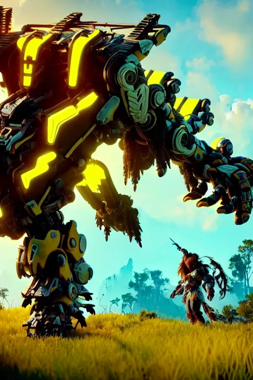 Image similar to a cinematic still from horizon zero dawn, skinny full body yellow humanoid, full body yellow bumblebee mech, decepticon armor plating, octane render, nvidia raytracing demo, masterpiece, aged armor plating, aggressive head,