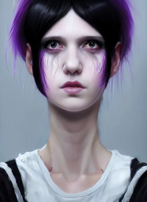 Image similar to portrait of white teenage girl named shrill prisston, normal face, black bangs, mall goth, cyberlox, black hair white bangs, fluffy bangs, red irises, purple hairband, intricate, elegant, highly detailed, digital painting, artstation, concept art, sharp focus, smooth, illustration, art by wlop, mars ravelo and greg rutkowski