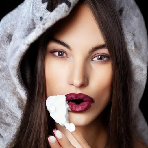 Prompt: stunning beautiful model with yoghurt on lip and cheek