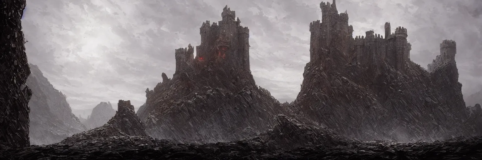 Prompt: dragonstone castle from westeros by greg rutkowski, artstation and ian miller, extremely hyperdetailed, grim atmosphere, intricate stone architecture, sense of dread, ominous, ramparts, bulwarks