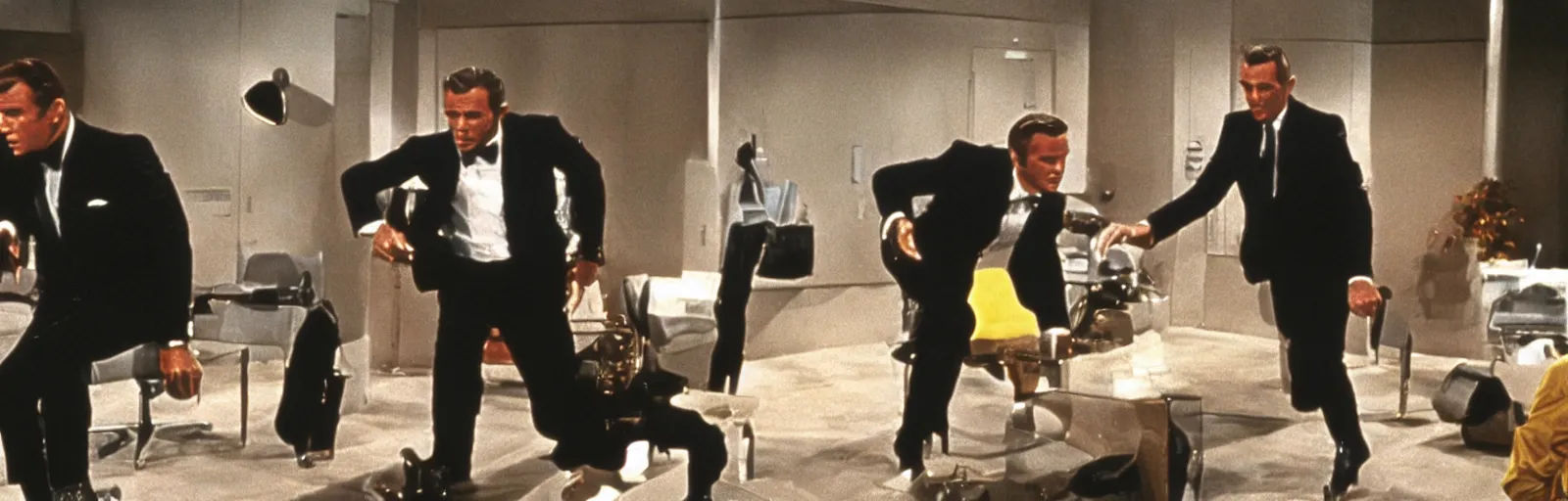 Image similar to two james bonds hide from each other in this still from the 1969 movie Bond vs Bond hq production still technicolor