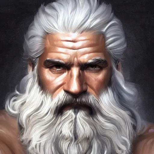 Image similar to painted portrait of rugged zeus, greek god, 4 0 years old, handsome, white hair, soft hair, upper body, muscular, hairy torso, fantasy, intricate, elegant, highly detailed, digital painting, artstation, concept art, smooth, sharp focus, illustration, art by greg rutkowski