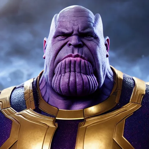Prompt: thanos but he us is morbidly obese and wears glasses, movie still, cgi render
