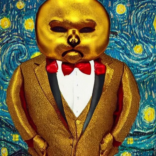 Prompt: in the style of starry night, a tuxedo for a big man with small legs, heart shaped golden mask with white lights for eyes.