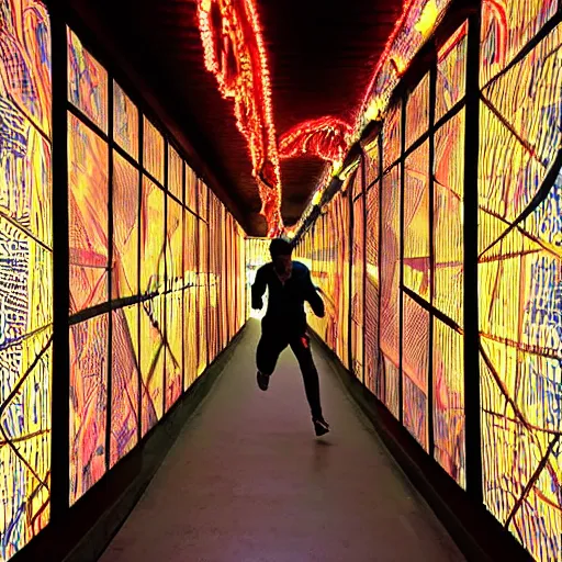 Image similar to terrified young man in a straightjacket running toward you in the Bund Sightseeing Tunnel, Shanghai, China by Alex Grey and Jeffrey Smith