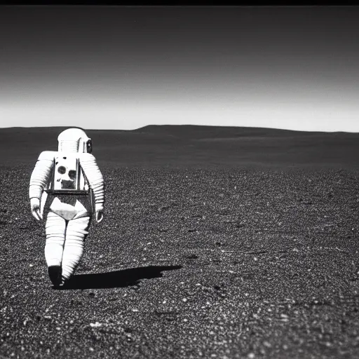 Image similar to found footage of an astronaut walking on a potato, black and white, film grain, light bleed