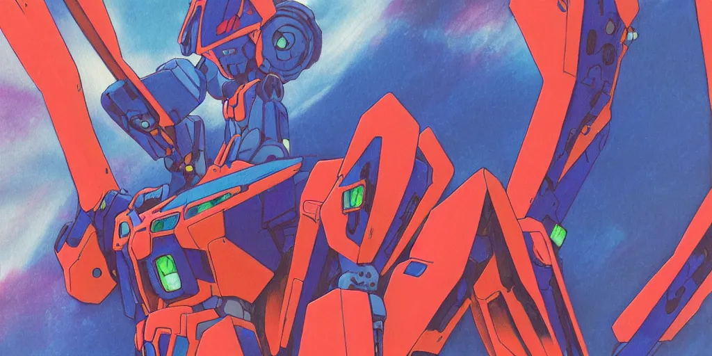 Image similar to risograph grainy painting of gigantic huge evangelion - like gundam mech face, with huge earrings and rings around head with a lot of details, covered with rich jewelry, blue hour, twilight, by moebius and dirk dzimirsky and satisho kon, close - up wide portrait