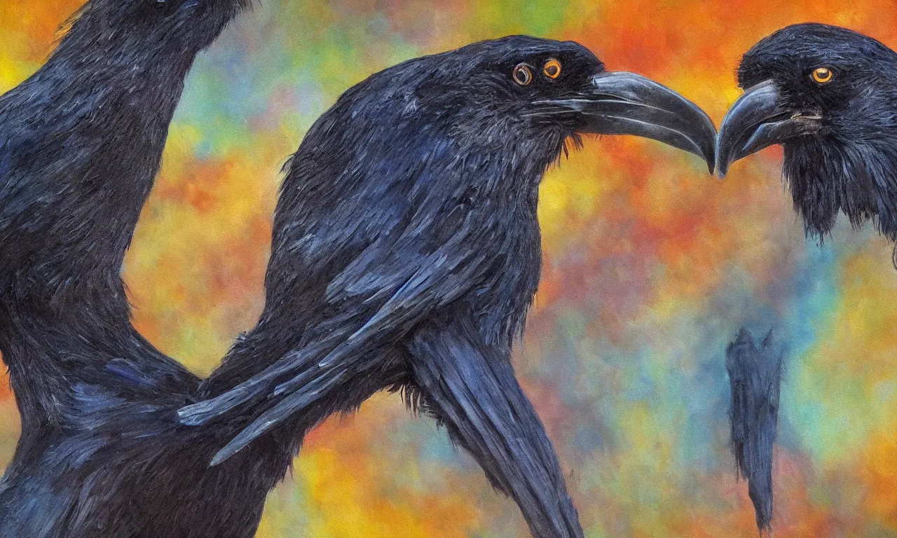 Prompt: a super majestic, beautiful strange true to life hyperrealistic oil painting depicting a good mood on a bad day. 1 6 k resolution. vivid light and colors. fantastically special crow