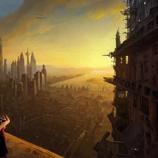 Prompt: a girl looks over a city at sunset, the city is a sprawling medieval city that is built amidst decaying brutalist cyclopean architecture and overgrown by the rainforest, rpg, hubert robert, cityscape, vista, dying earth