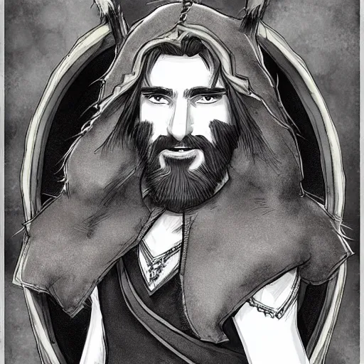 Image similar to Young bearded Tarski Fiume, half-elf Time Wizard, iconic character art by Wayne Reynolds for Paizo Pathfinder RPG