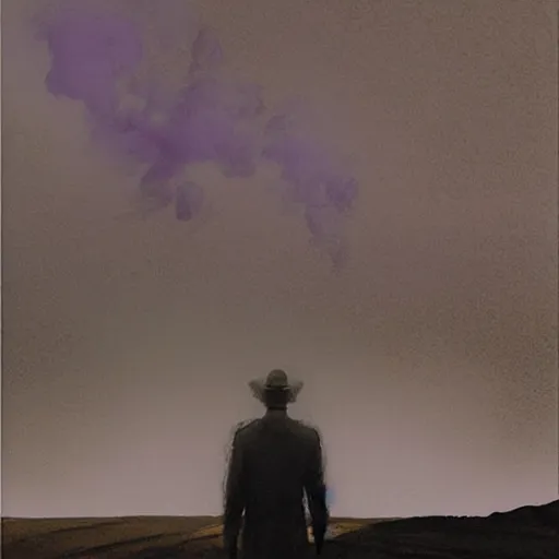 Prompt: the body of a man slowly morphs into a erosion rock in purple smoke, by akihiko yoshida and edward hopper