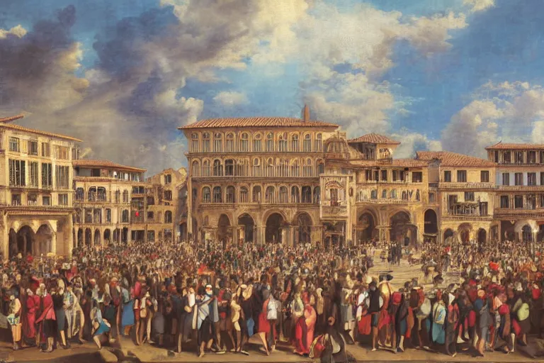 Image similar to cell shaded key visual of a renaissance city square, crowds of people, dramatic lighting