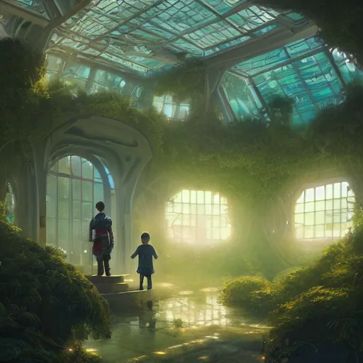 Image similar to , boy with grandma in scifi green house, spaceship, plants, viewed from afar, stephen bliss, misty, unreal engine, fantasy art by greg rutkowski, loish, ferdinand knab, and lois van rossdraws, global illumination, radiant light, minimalist, detailed and intricate environment