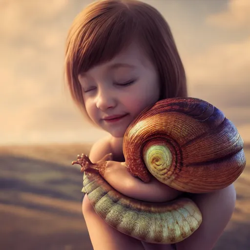 Image similar to a little girl hugging a giant snail, photo, realistic, artstation , beautiful, octane render