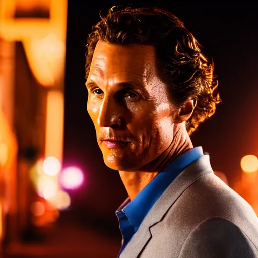 Image similar to a still of Matthew Mcconaughey . Shallow depth of field. City at night in background, lights, colors ,studio lighting, mood, 4K. Profession photography