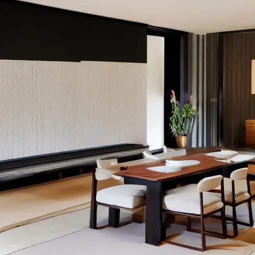 Image similar to lounge and dining room, stone, interior design, stylish luxury hotel living room design, yakisugi, black vertical slatted timber, textures, feminine, black walls, art, Japanese pottery vase with flowers, kakejiku, seasonal, Japanese influences