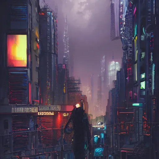 Image similar to Cyberpunk city, street vendors, citizens, augmented cyborgs, robots, skyscapers, buildings, clouds, sunset, painted by seb mckinnon, high detail, digital art, trending on artstation