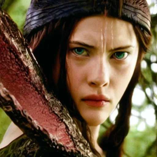 Image similar to liv tyler as live action princess mononoke, still frame, sharp focus, cinematic, filmic