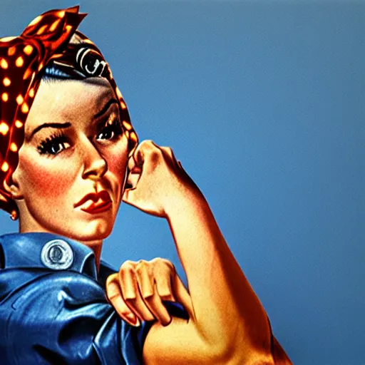 Prompt: a photograph of Rosie the riveter by Annie Leipovitz