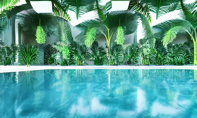 Prompt: 3d render of indoor pool with ferns and palm trees, pool tubes, chromatic abberation, depth of field, 80s photo