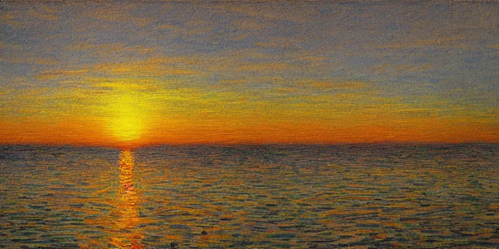 Prompt: Landing of a Falcon 9 booster in the style of Monet, sunset, landing legs deployed, SpaceX