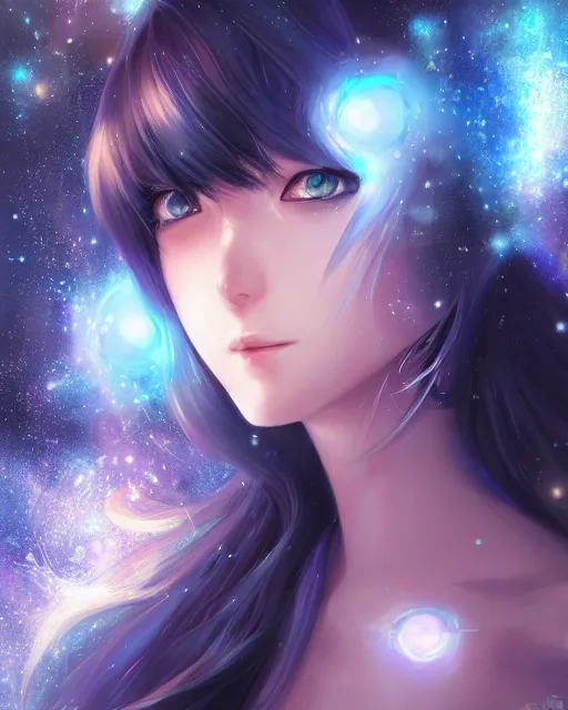 Prompt: A realistic anime portrait of a beautiful cosmic woman with glowing blue eyes and skin made of universes wearing clothes made of galaxies, digital painting, by Stanley Artgerm Lau, Sakimichan, WLOP and Rossdraws, digtial painting, trending on ArtStation, SFW version