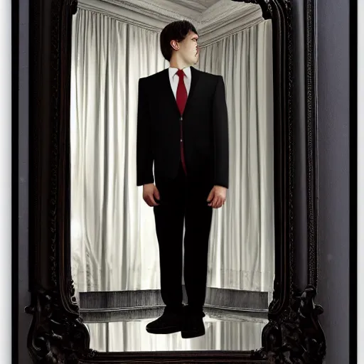 Image similar to endless reflections of a man in a mirror, dark suit, by sergey belik