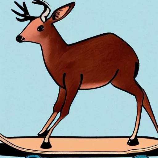 Image similar to a bipedal deer performing tricks on a skateboard, cartoon