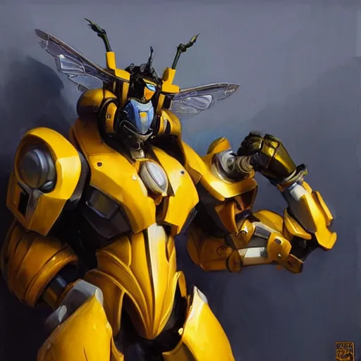 Image similar to greg manchess portrait painting of bumblebee the transformer as overwatch character, medium shot, asymmetrical, profile picture, organic painting, sunny day, matte painting, bold shapes, hard edges, street art, trending on artstation, by huang guangjian, gil elvgren, ruan jia, greg rutkowski, gaston bussiere