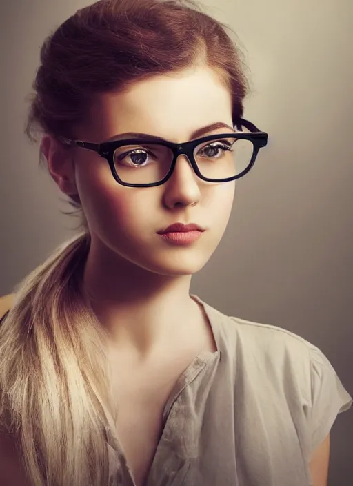 Prompt: detailed!!!! matte painting, portrait of young woman, big!!!!!!!!!!!!, large!!!!!! eyeglasses!!!